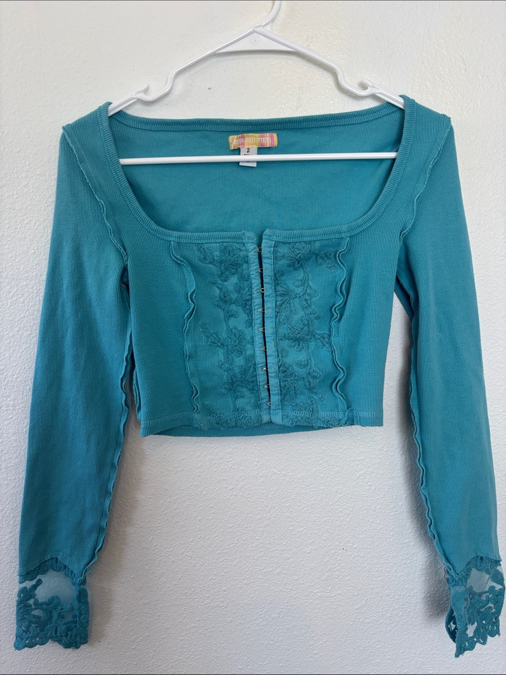 Urban Outfitters Teal Lace-Trim Square Neck Long Sleeve Crop Top -615sku